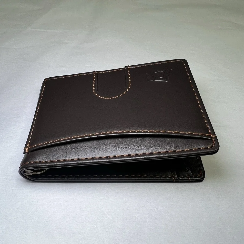 JAT Men's Wallet Retractable Card Brown Leather‎ Style Money Clip Stitched